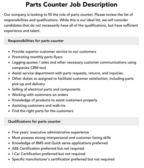 Parts counter jobs near me - Parts Counter Clerk jobs. Sort by: relevance - date. 2,405 jobs. Parts Counter Representative. AKRS Equipment 3.6. Ravenna, NE. Pay information not provided. Full-time. Day shift +1. Easily apply: Supply Service Technicians with parts as required. Assist in perpetual inventory and keep parts department clean and orderly.